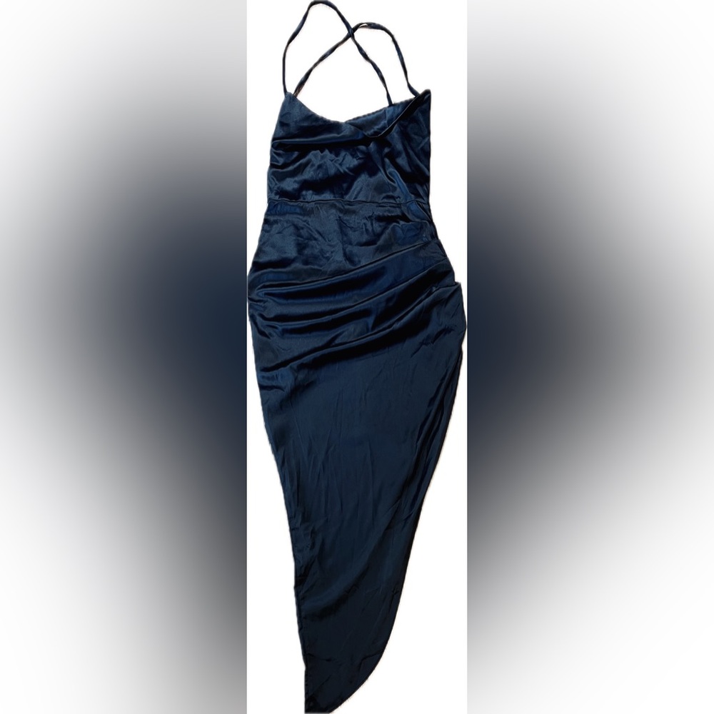 Black Satin Lace up Backless High Slit Dress Asymmetric Hem. - Picture 2 of 3
